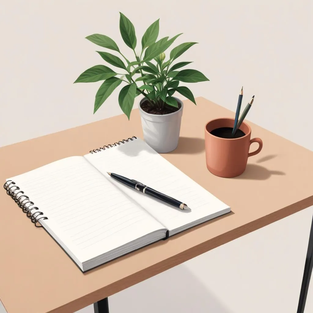 A clean, minimalist desk with a notebook, pen, and single plant, representing an organized financial approach
