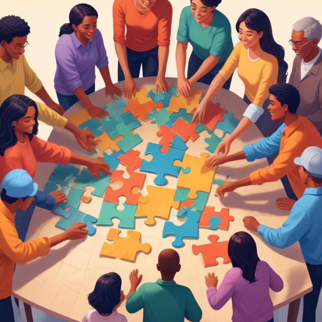 A diverse group of people building a large puzzle together, symbolizing systematic wealth building