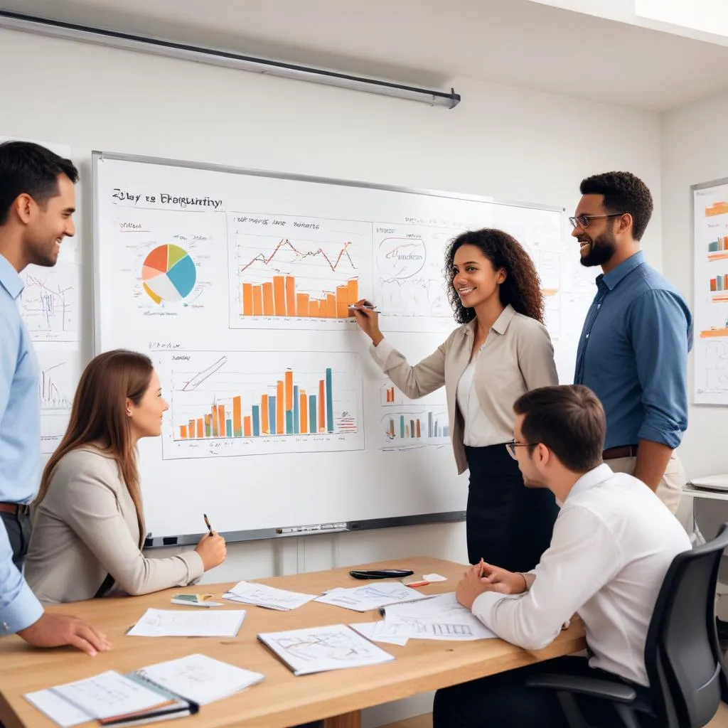 A diverse team collaborating on a strategy whiteboard with multiple financial charts