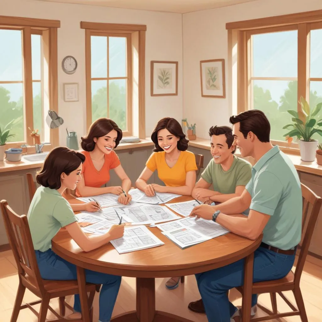 A family happily planning finances together at a table, showing the positive relational impact of financial confidence