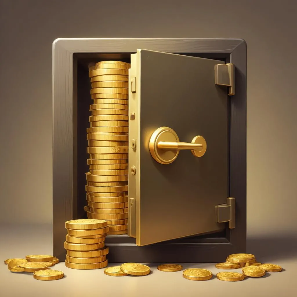 A secure safe with a stack of gold coins, representing financial safety and asset protection