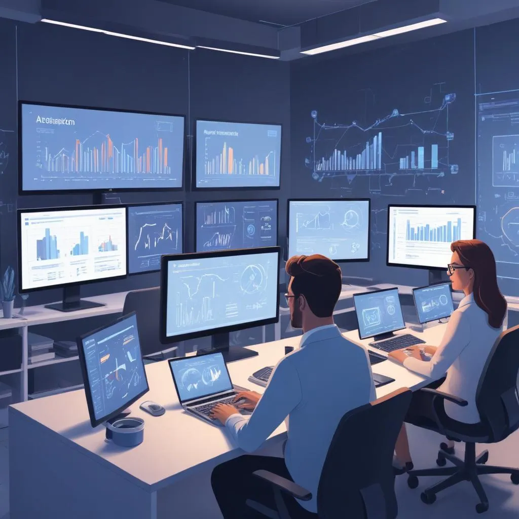 Business team analyzing data on screens with automation tools in the background