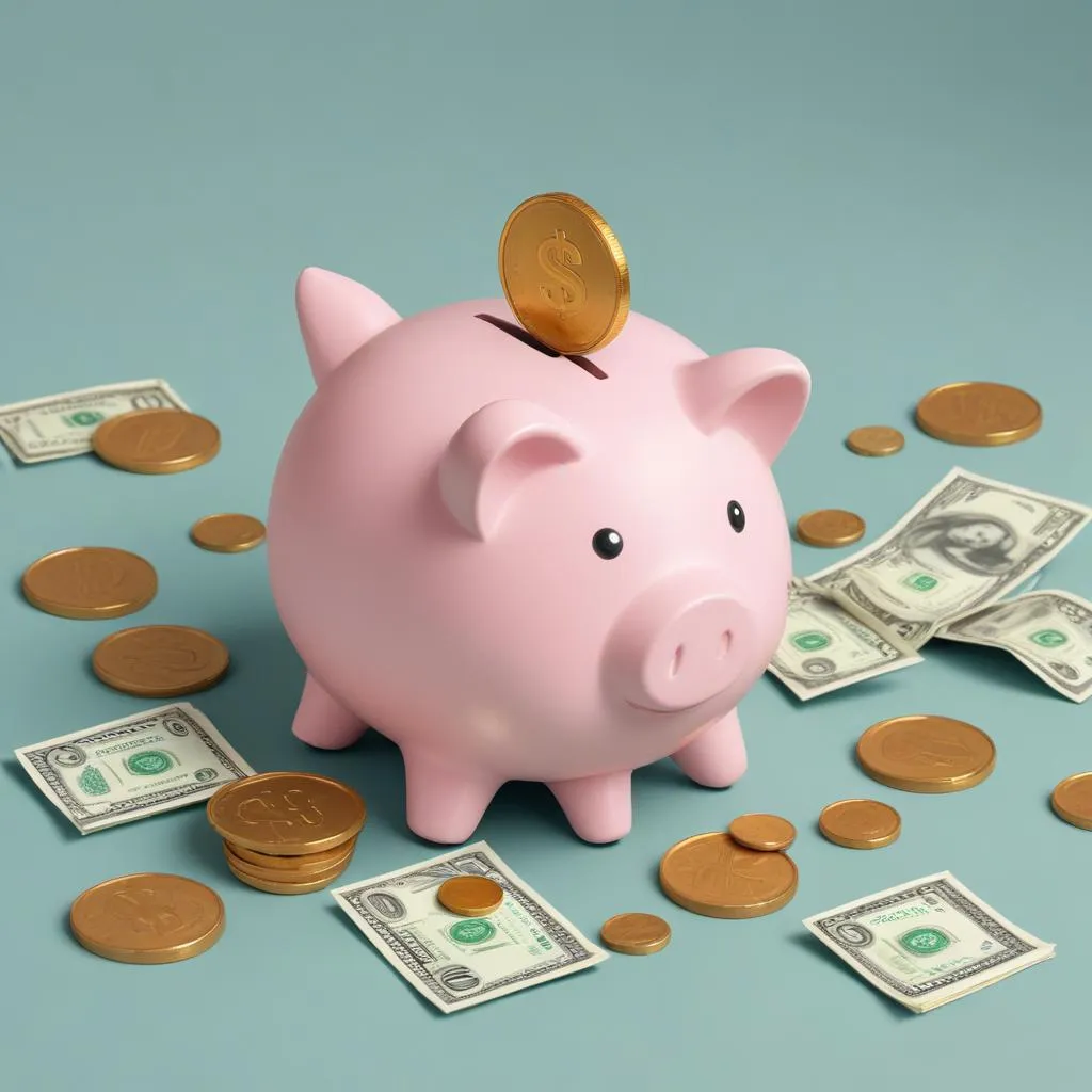 Close-up of a piggy bank with coins and paper money, symbolizing savings