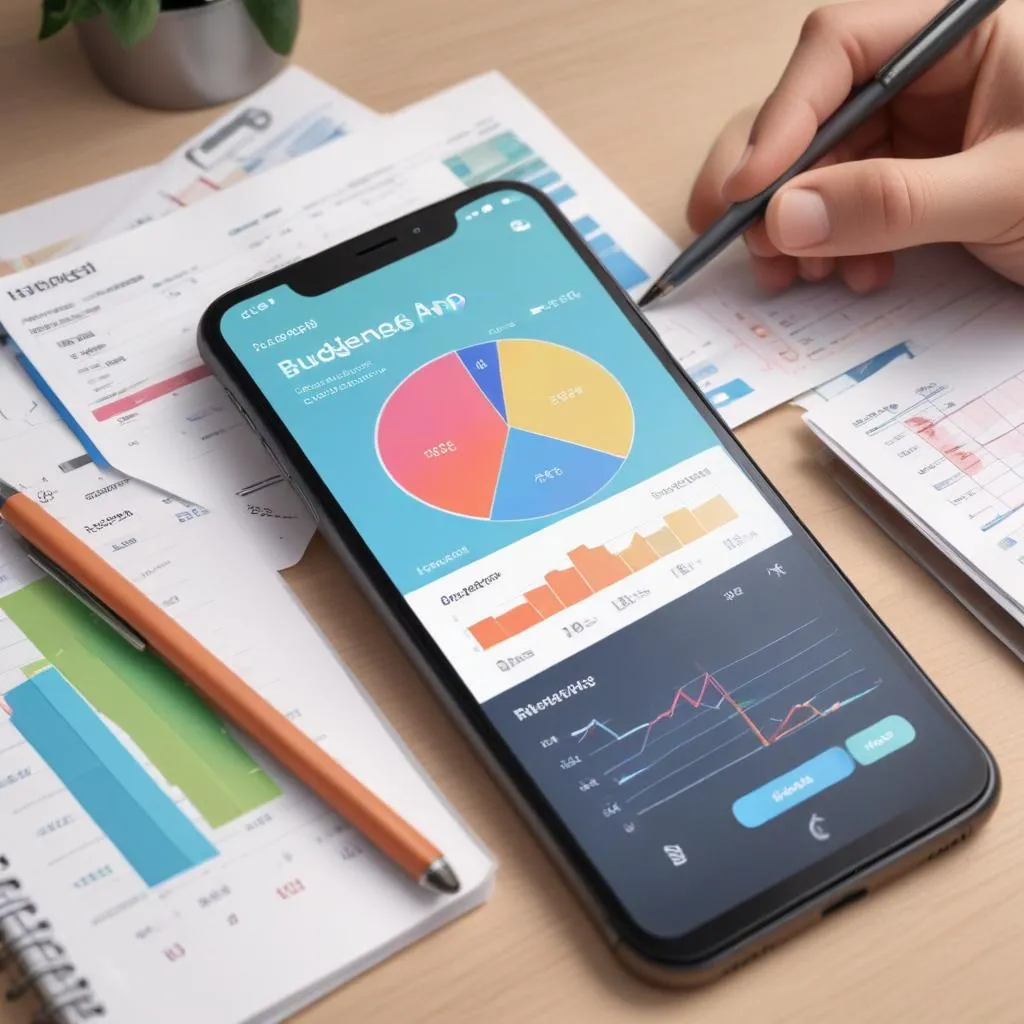Close-up of a smartphone showing a budgeting app with graphs