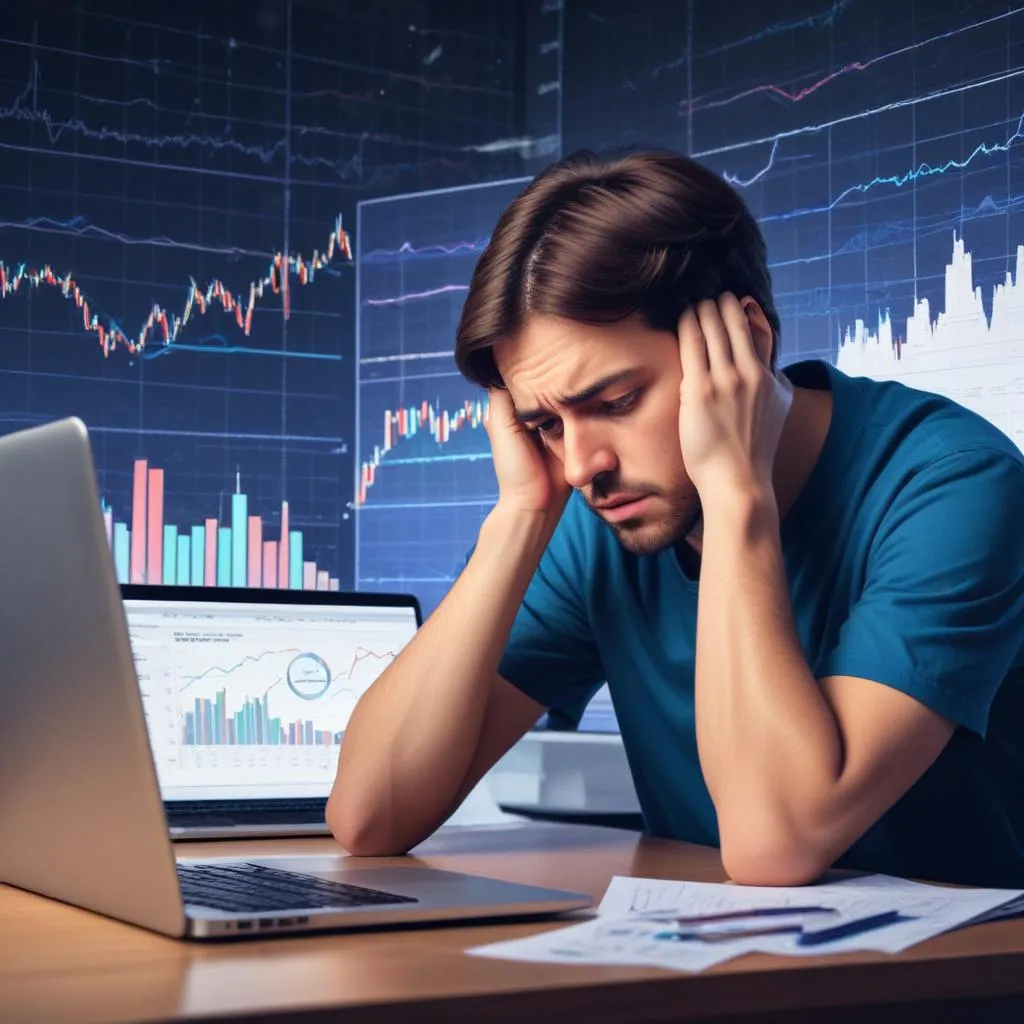 Close-up of a stressed person holding their head while looking at financial charts on a laptop