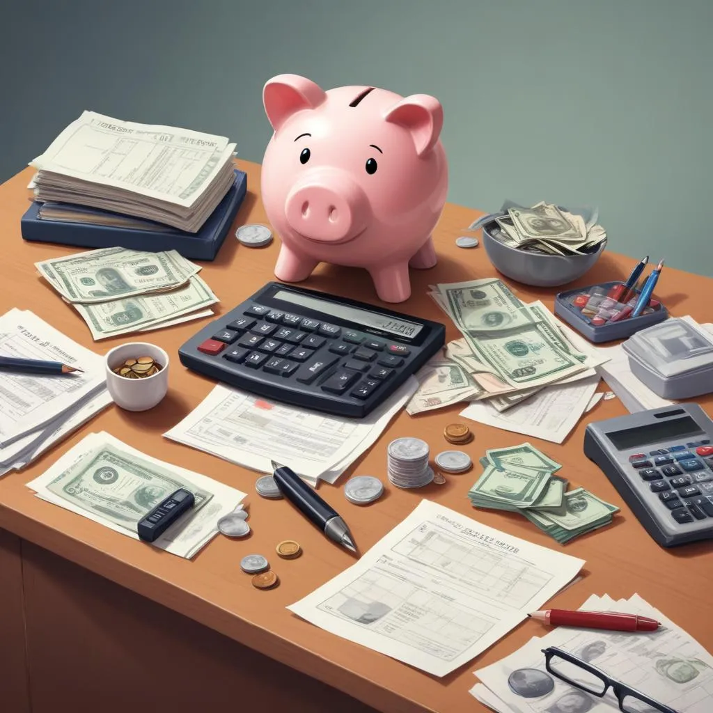 Cluttered desk with bills, coins, a piggy bank, and a calculator
