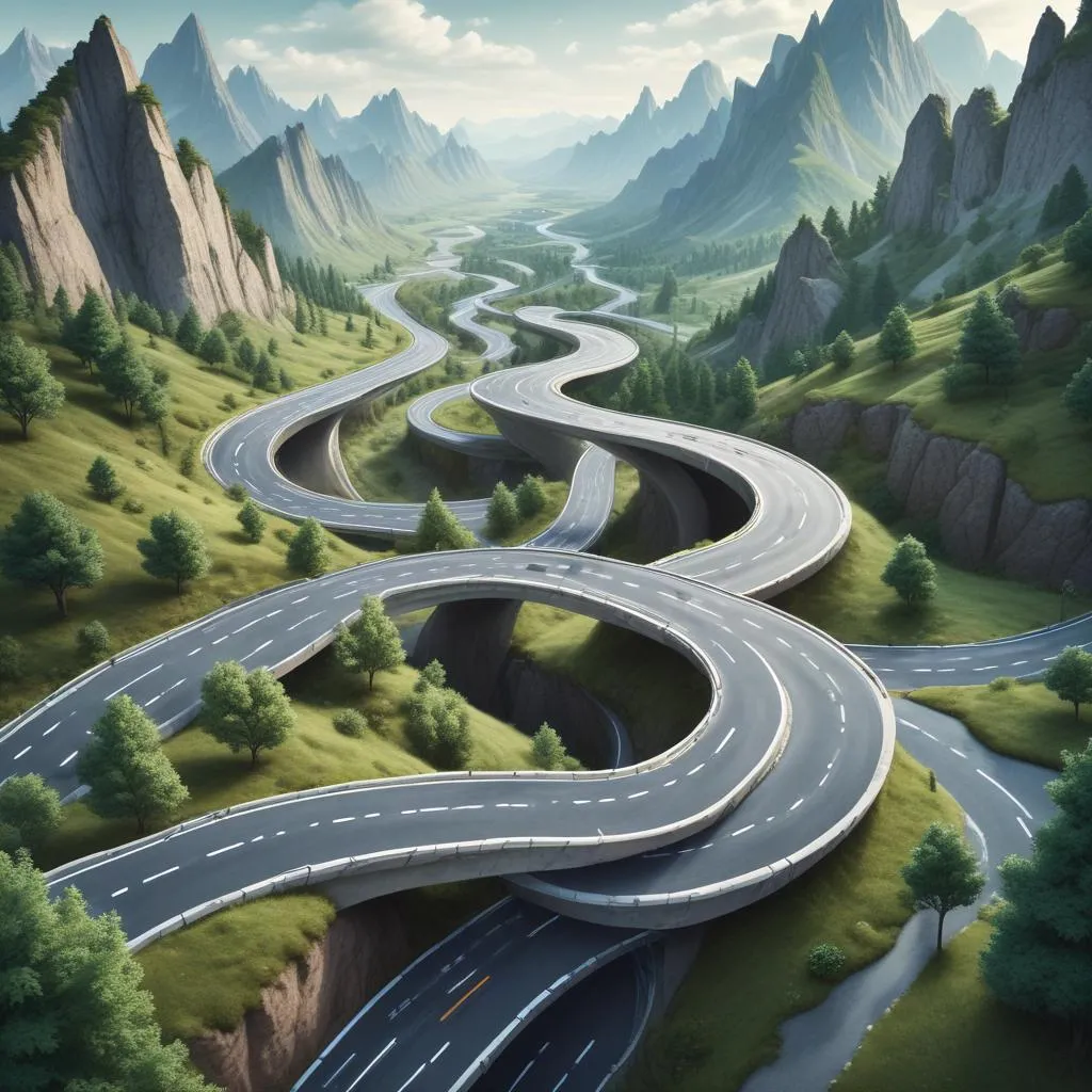 Conceptual image showing a winding, unpredictable road through a financial landscape with digital elements
