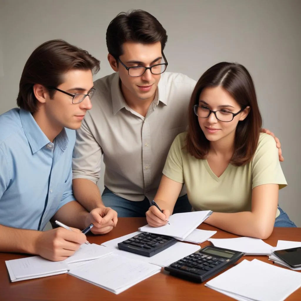 Couple discussing finances and future plans with a calculator and notepad