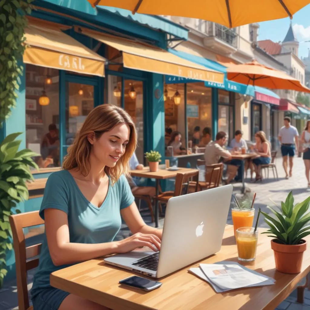 Digital nomad working on a laptop from a cafe in a vibrant foreign city