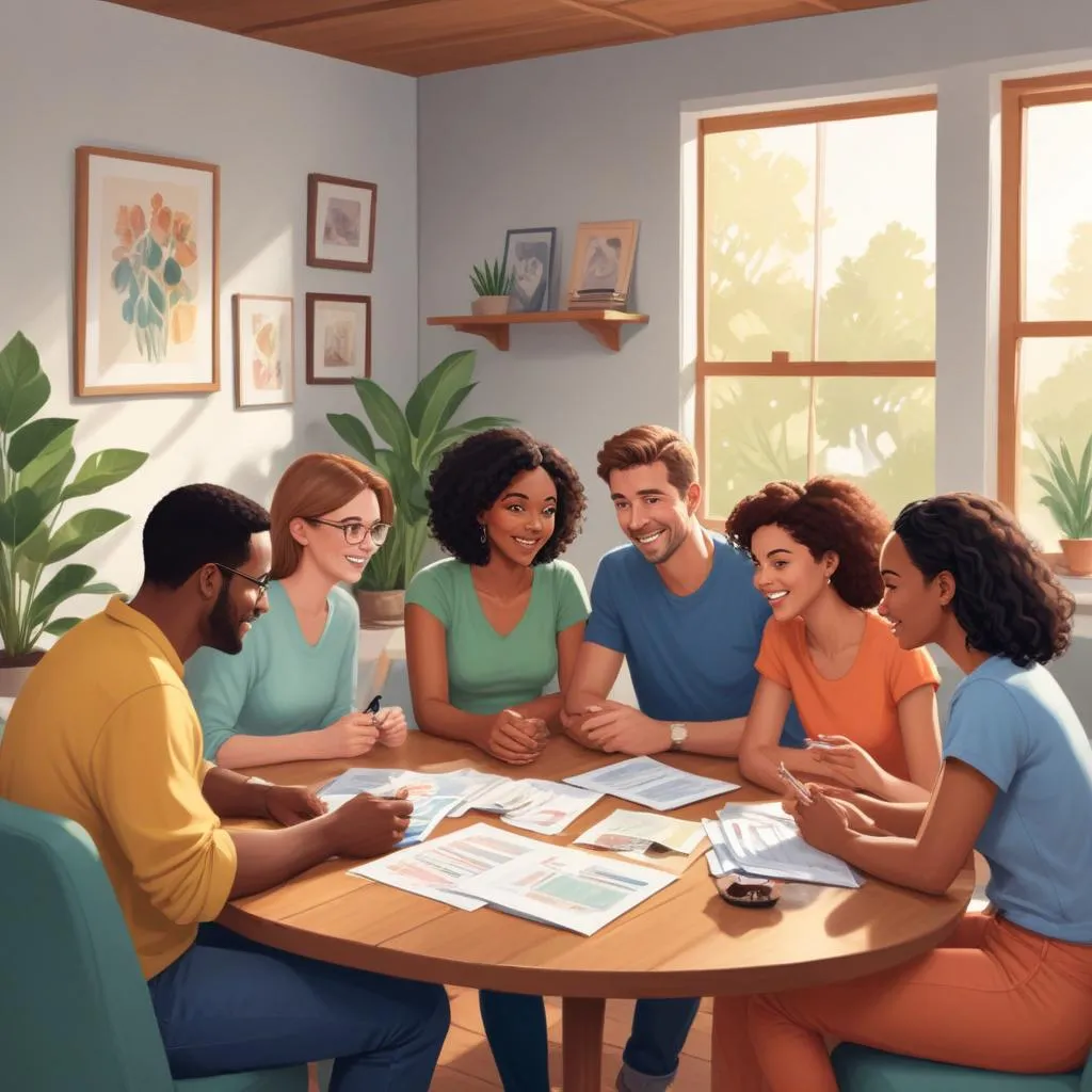Diverse group of friends discussing life plans and finances in a casual setting