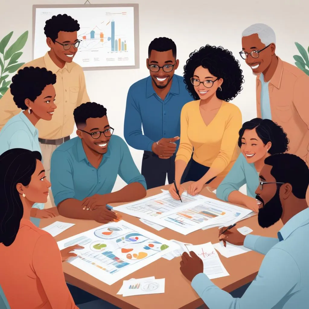 Diverse group of people collaborating on a financial plan