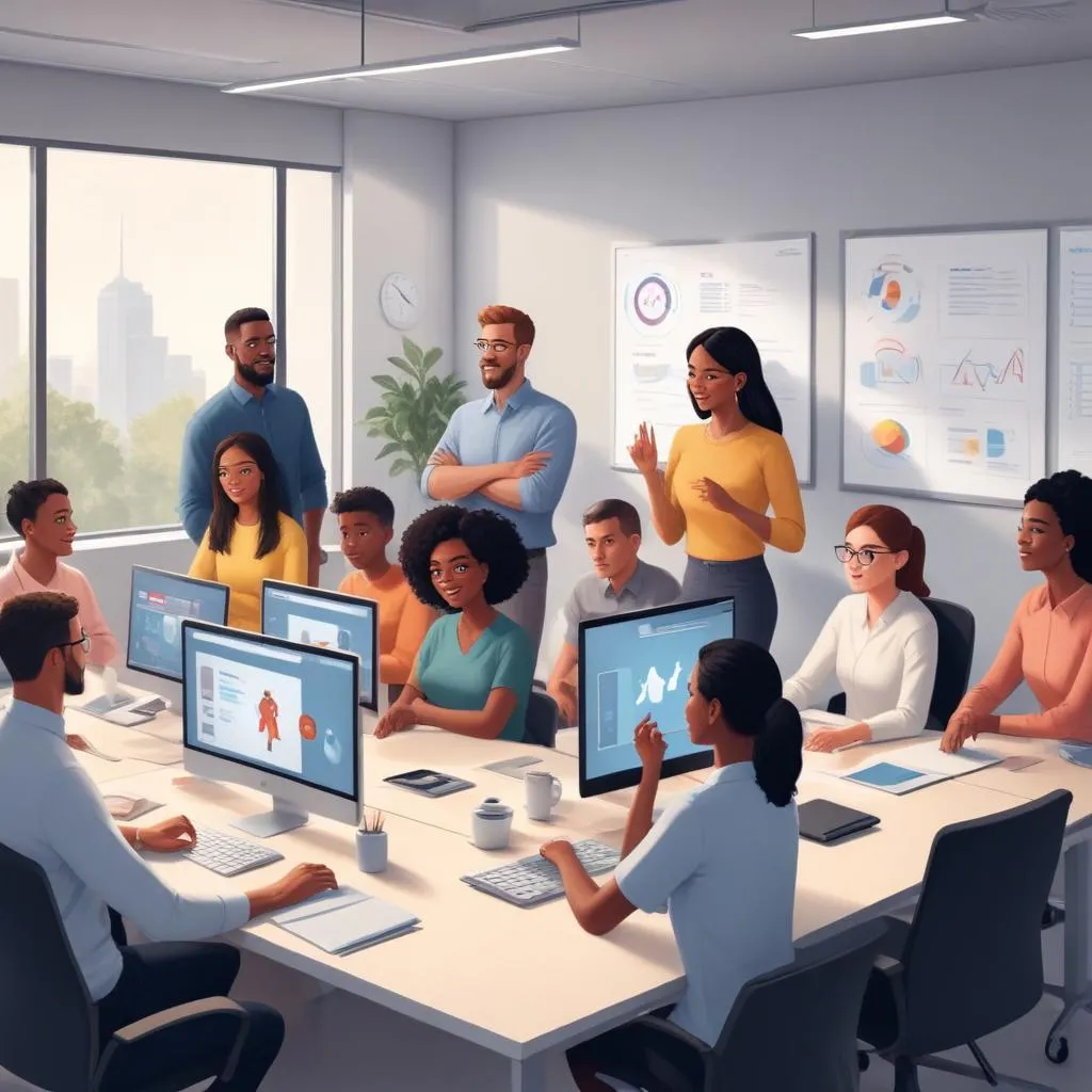 Diverse team collaborating flexibly on digital screens in a modern office