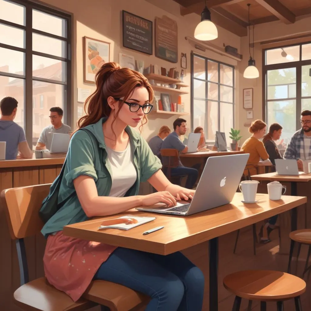 Freelancer working on a laptop in a coffee shop