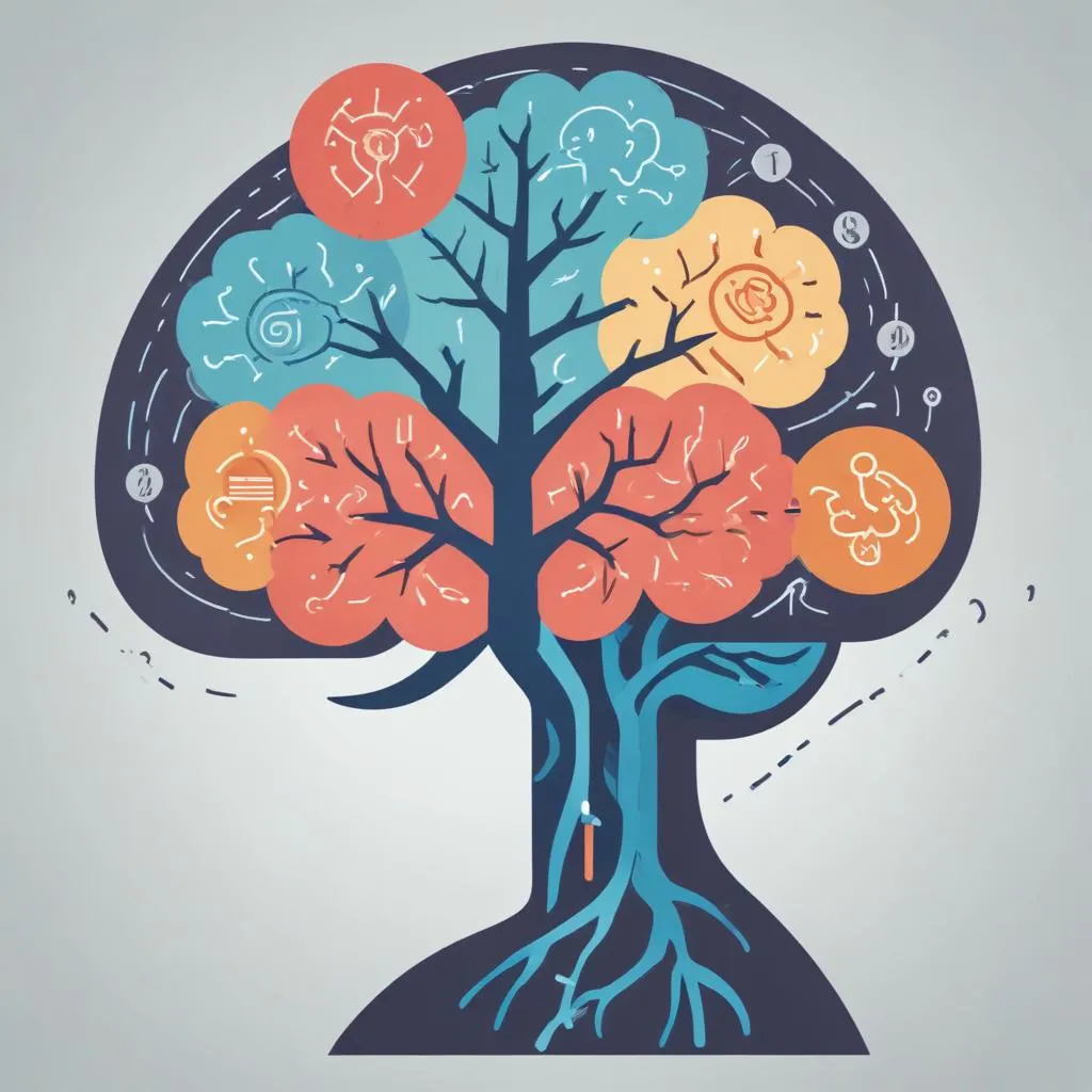 Graphic showing multiple decision paths and options leading to a tired brain icon