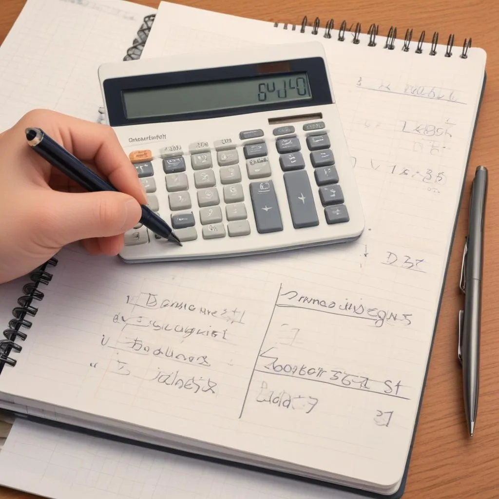 Hand writing in a budgeting notebook with a calculator and pen