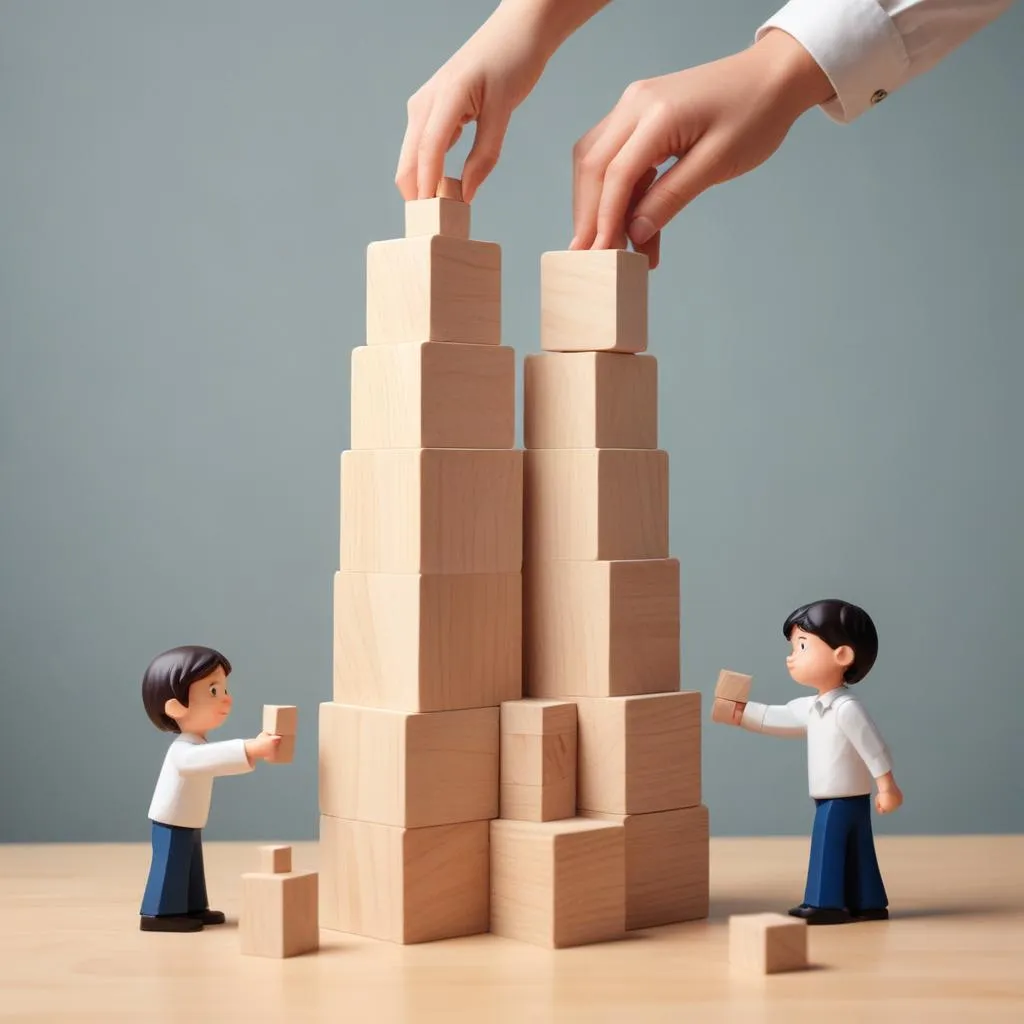 Hands building a block tower, symbolizing building financial systems step-by-step