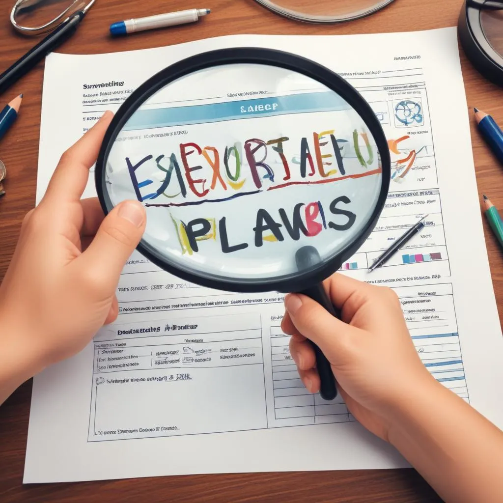 Hands holding a magnifying glass over a simplified financial plan on paper