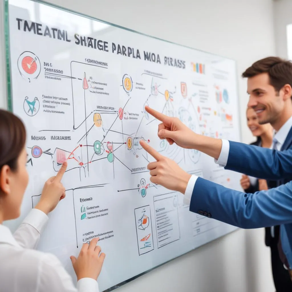 Hands pointing at a strategic plan with graphs and milestones on a glass board