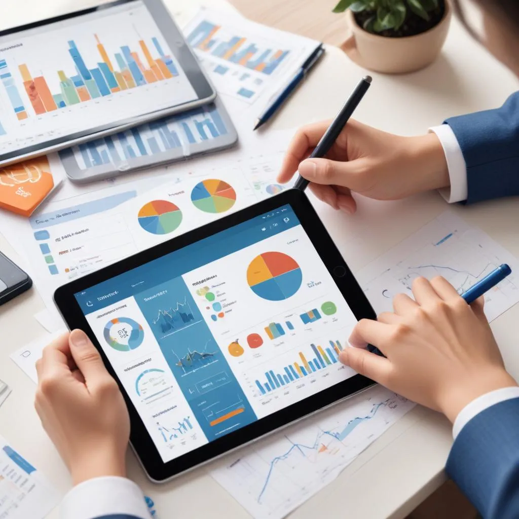 Hands using a tablet showing a simplified, clean financial dashboard with graphs