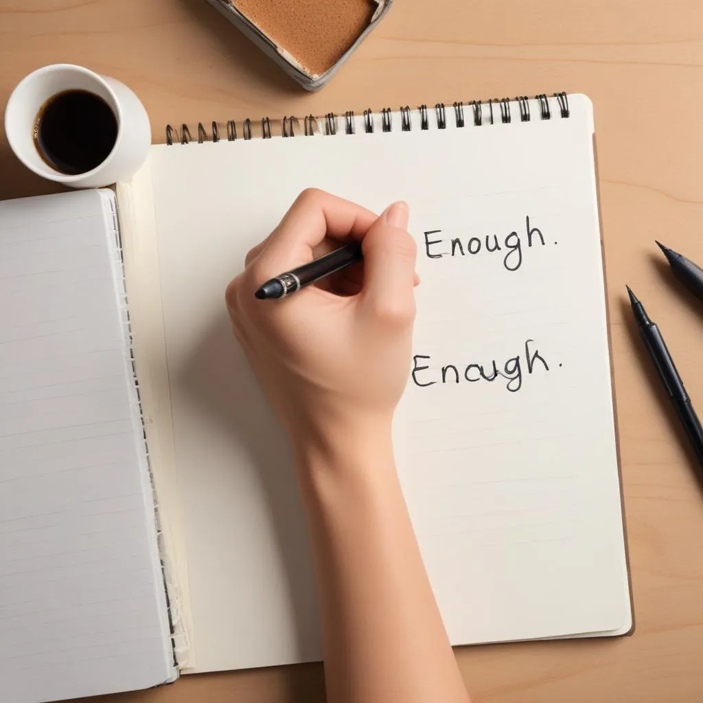 Hands writing 'Enough' in a notebook with a pen, next to a coffee cup