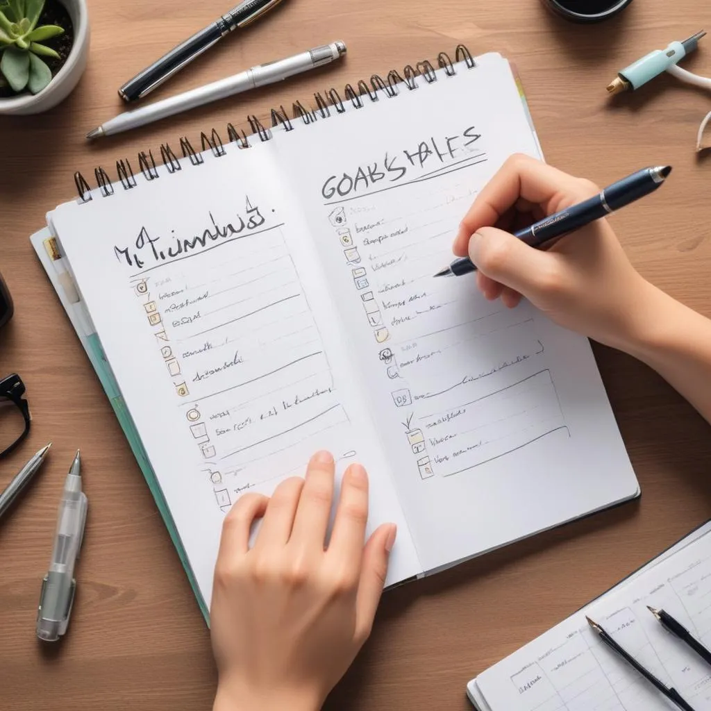 Hands writing flexible financial goals in a planner with a pen