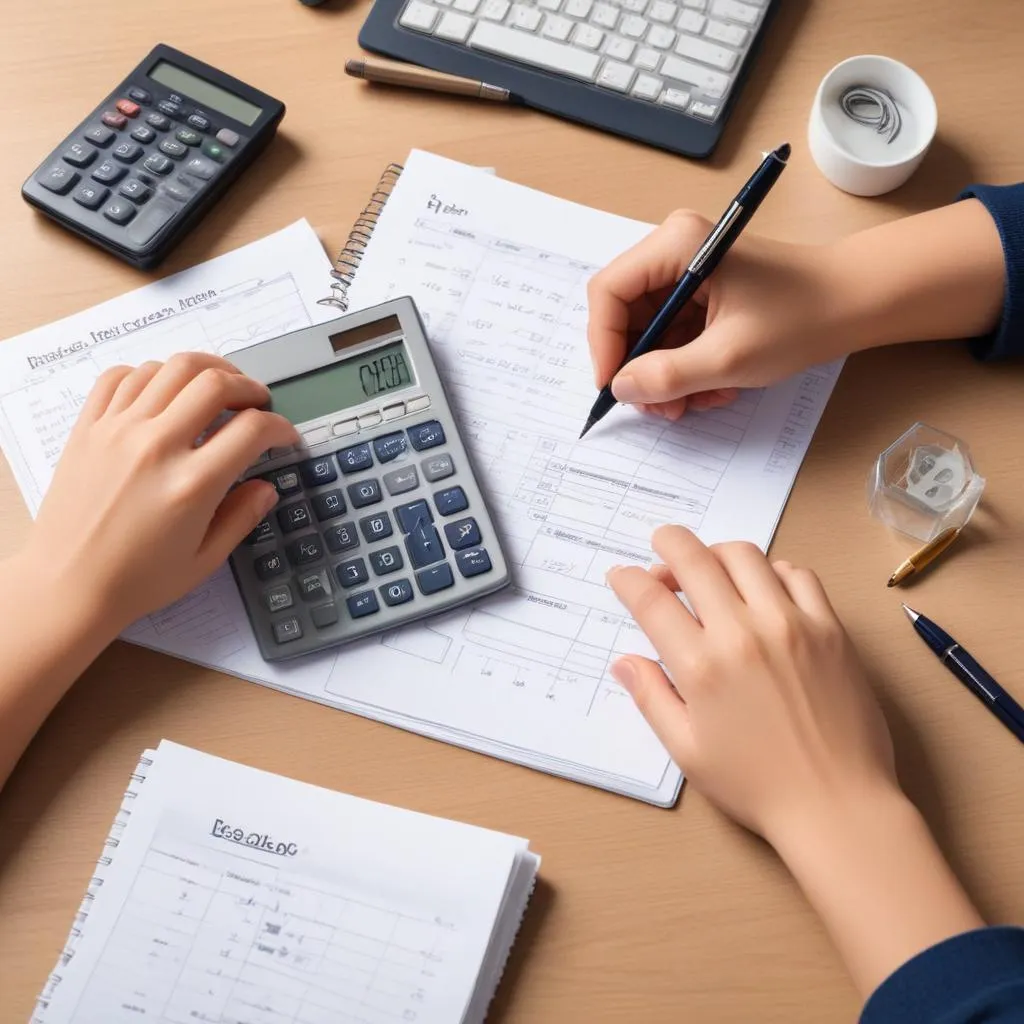 Hands writing in a budget planner with calculator and pen on table