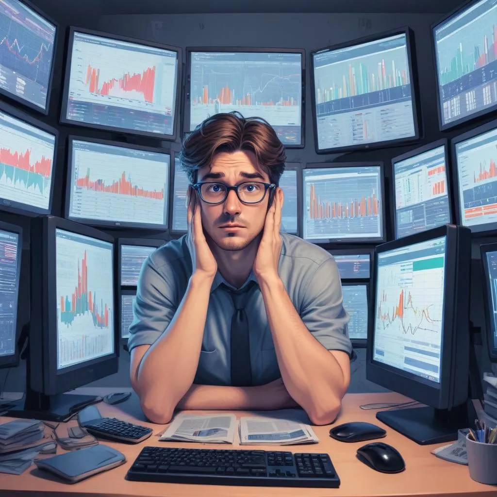 Overwhelmed person surrounded by multiple screens showing financial data