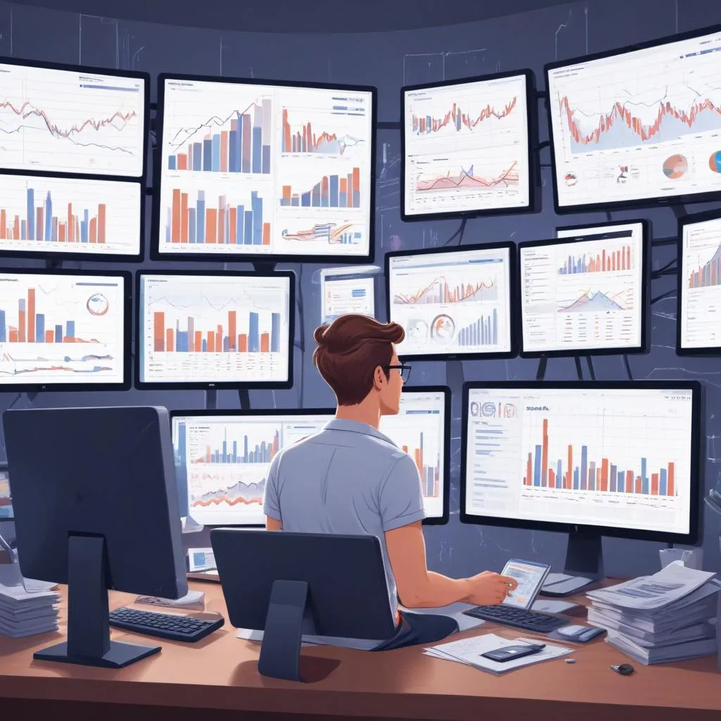 Overwhelmed person with multiple screens showing financial data and graphs