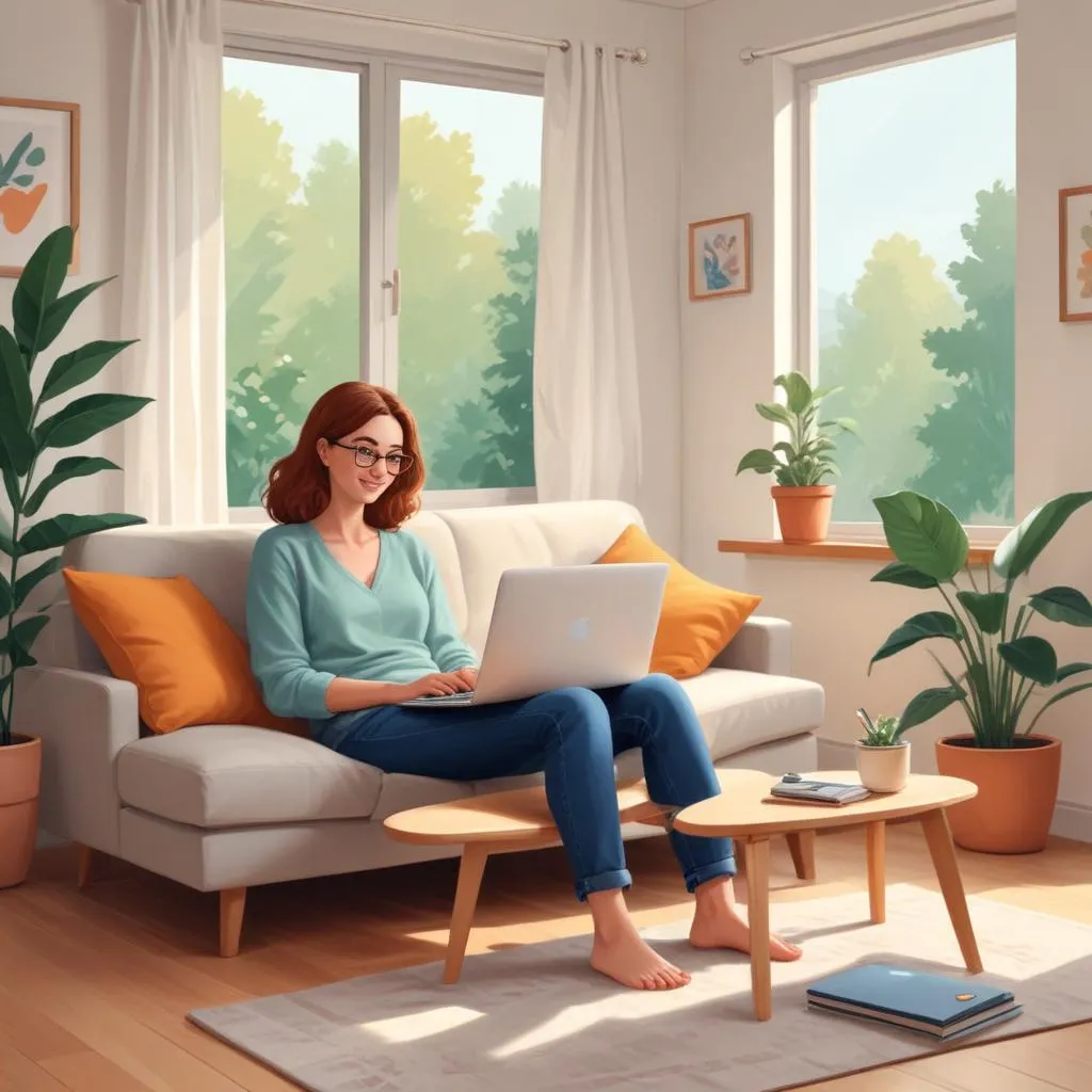 Person feeling relaxed and confident at home with a laptop, symbolizing financial peace