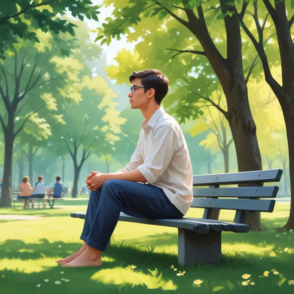 Person looking calm and thoughtful while sitting in a park, symbolizing financial peace of mind