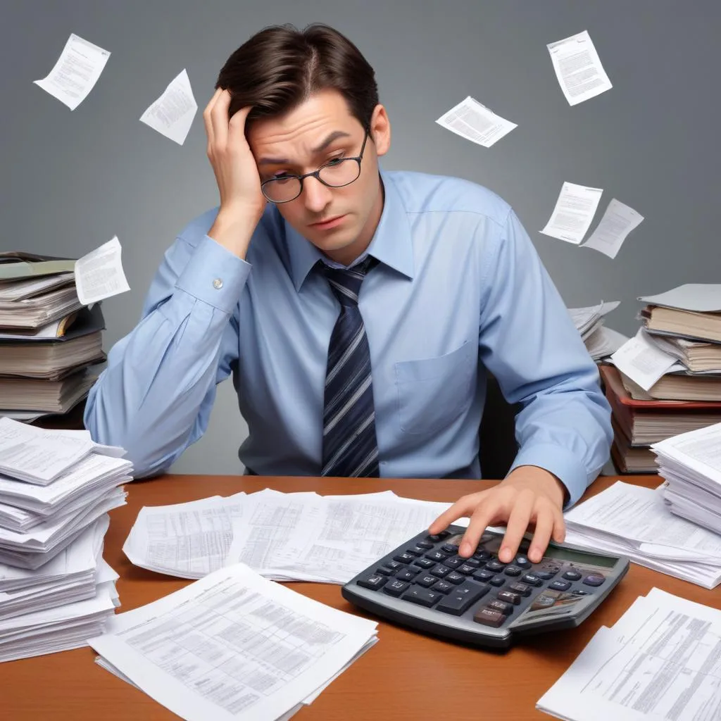 Person overwhelmed with financial documents and calculator