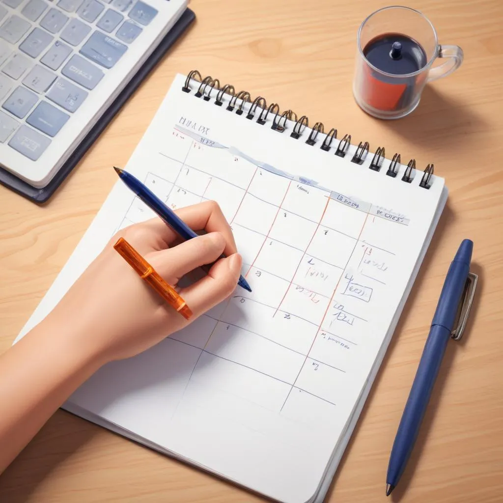Person planning their week in a notebook with a calendar and pen