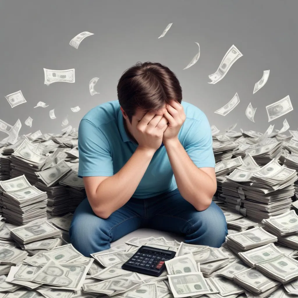 Person sitting alone, head in hands, surrounded by bills and a calculator, depicting financial stress