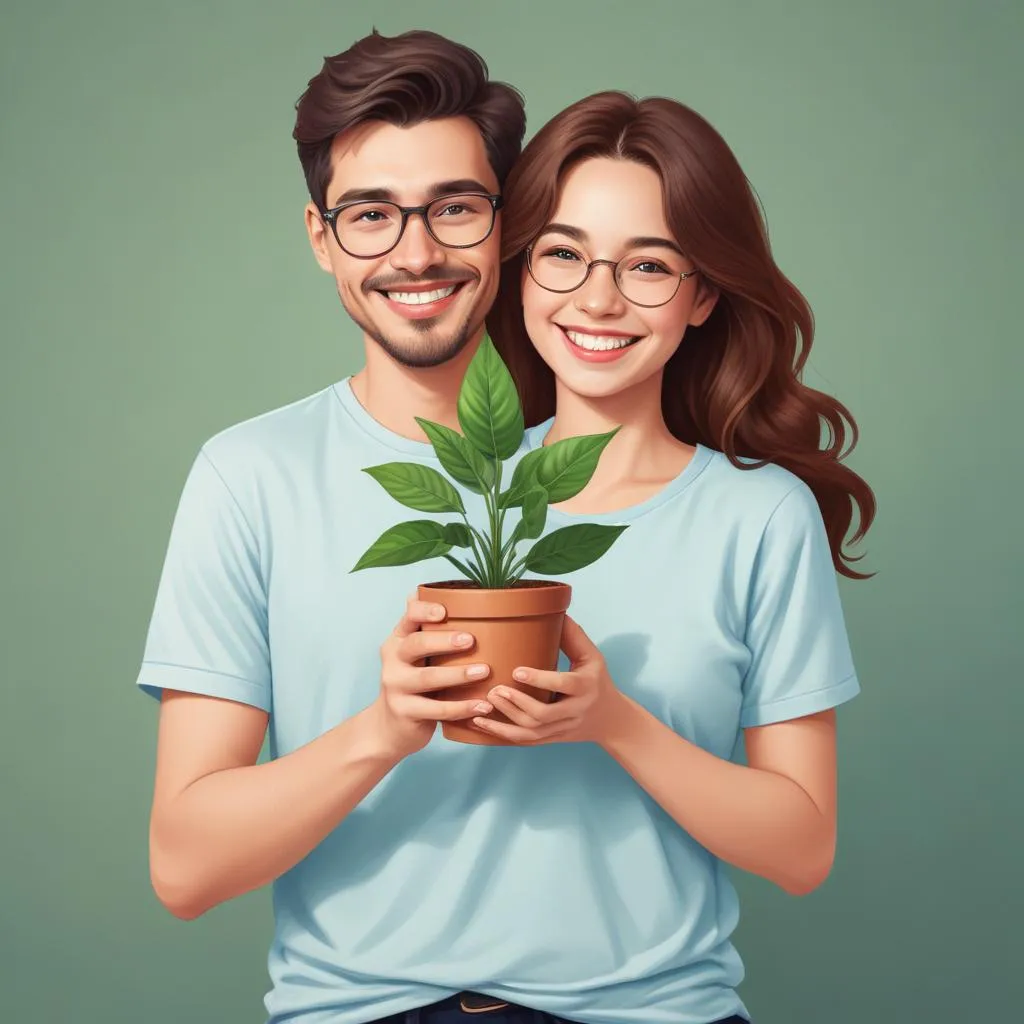 Person smiling and relaxed, holding a plant, symbolizing balanced growth and well-being