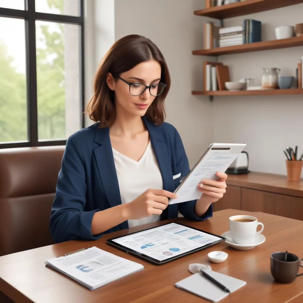 Person using a tablet to track expenses and budget with a cup of coffee, showing a calm financial routine
