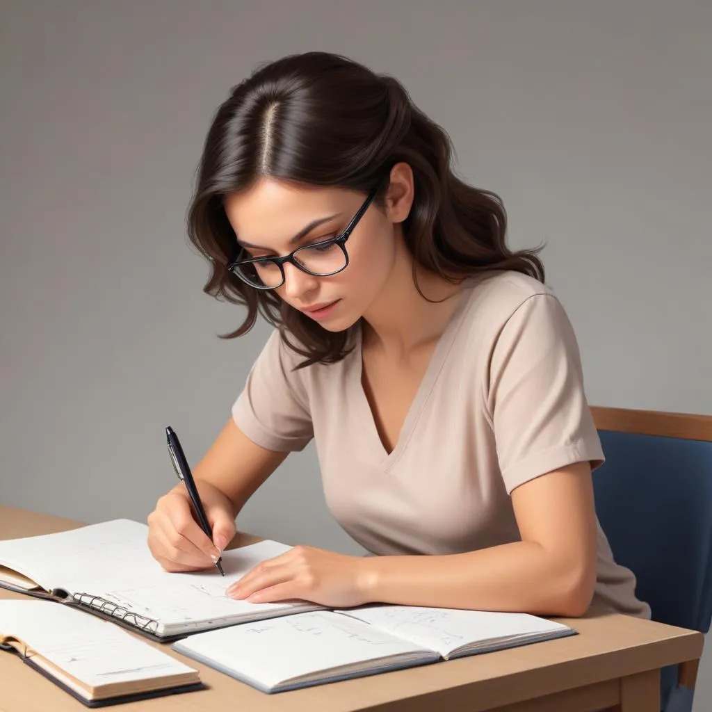 Person writing a plan in a notebook with a calm, focused expression
