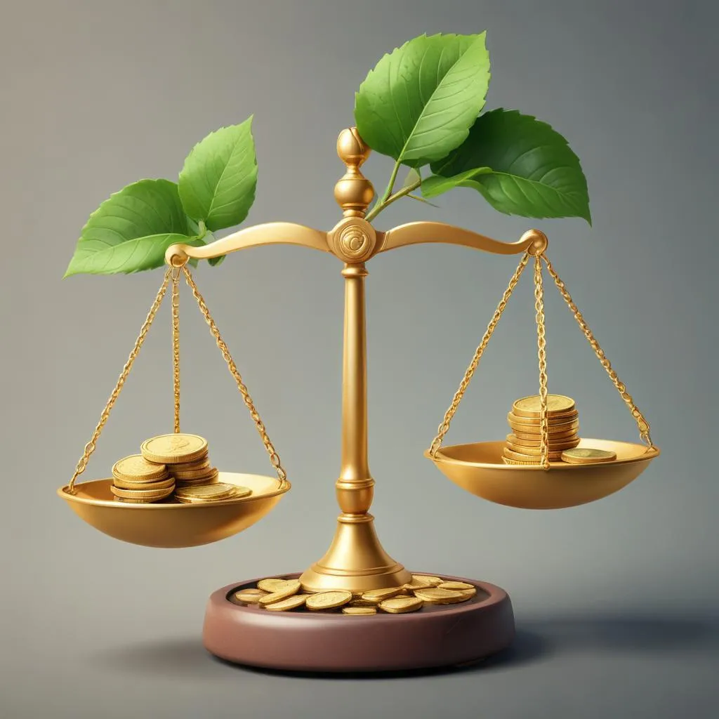 Scales with gold coins on one side and a plant growing from a coin on the other, symbolizing the balance between safety and growth