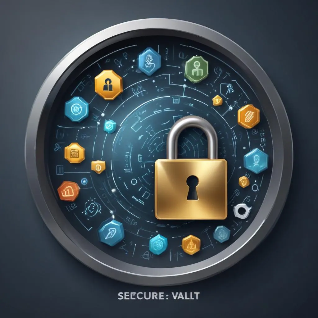 Secure digital vault with encryption symbols and lock icons representing financial data protection