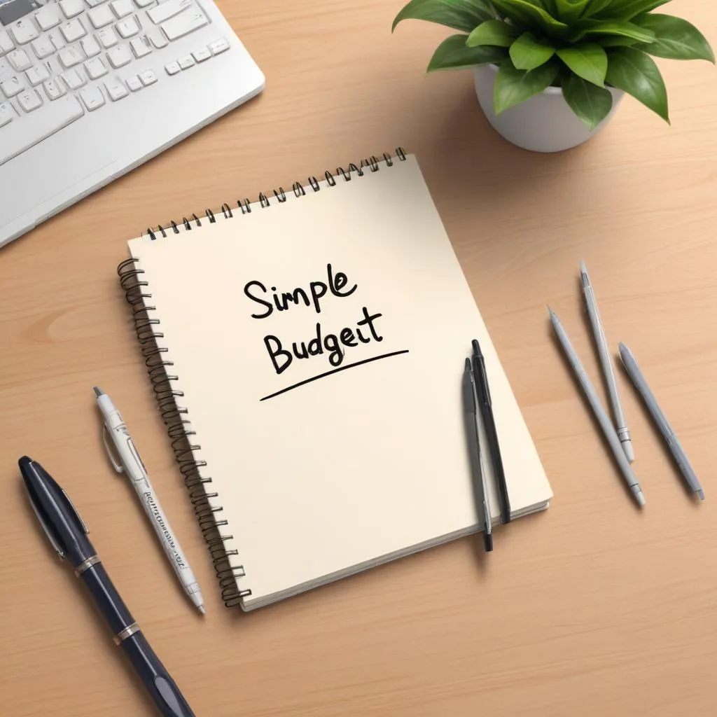 Simple budget notebook with pens and coffee cup on a table