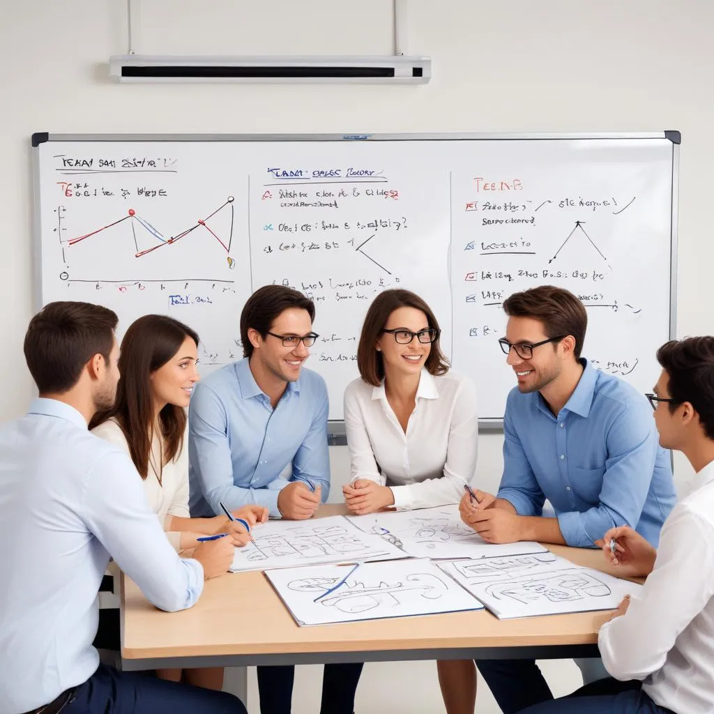 Team collaborating on strategy using whiteboard with multiple scenarios